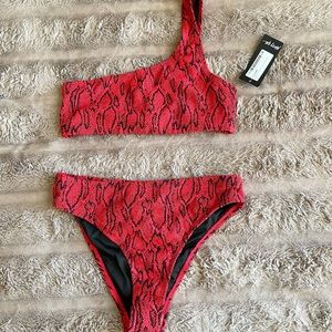 Nasty Gal One Shoulder Bikini - Red Animal Print